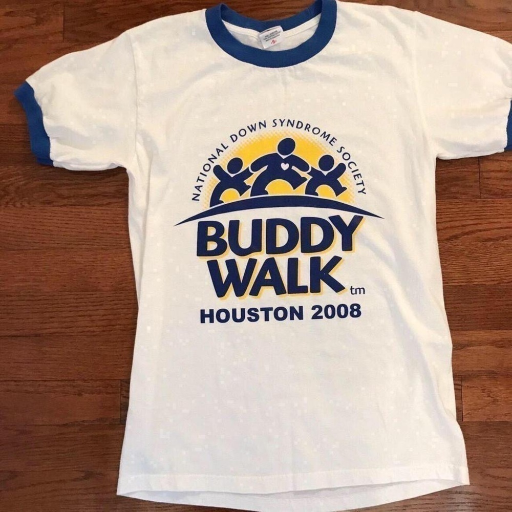 MENS 2008 RINGER SHIRT BLUE WHITE BUDDY WALK DOWN SYNDROME